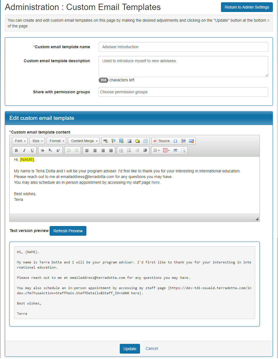 Administrator View of an Application – Terra Dotta