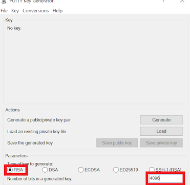 Highlighted is the "RSA" and the generated key, "4096", under the Parameters section 