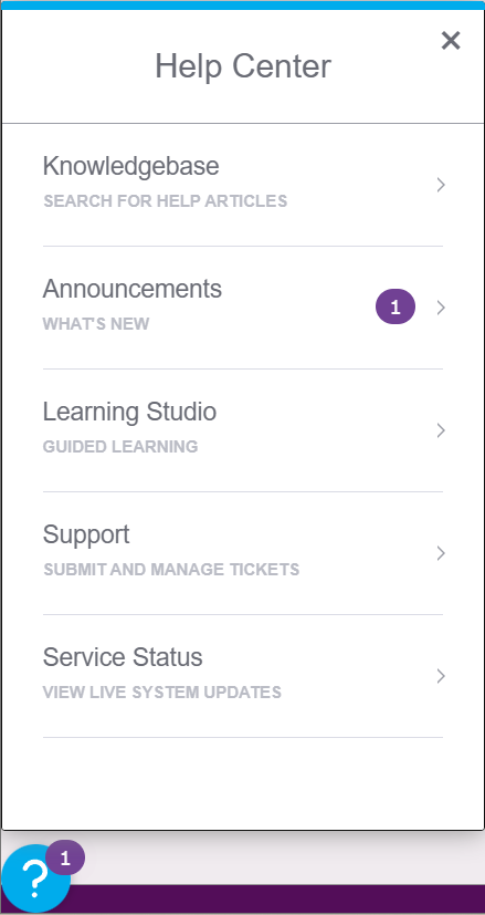 The Help Center panel displaying five modules: Knowledgebase, Announcements, Learning Studio, Support, and Service Status. A badge on the Announcements module and the Help Center icon indicates one unread announcement.