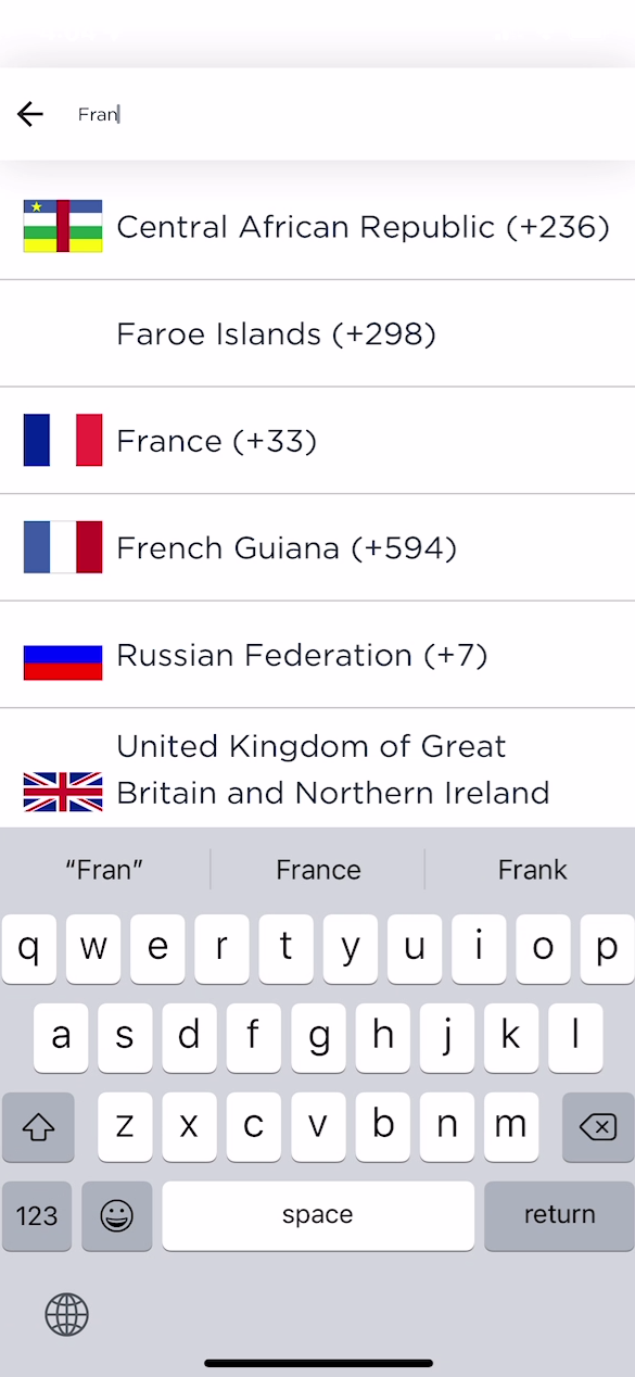 The country code for the phone number is selected from a menu of options