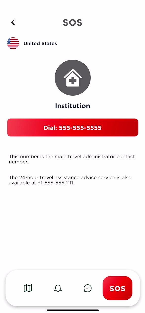 The SOS screen with the calling option for the students institution number