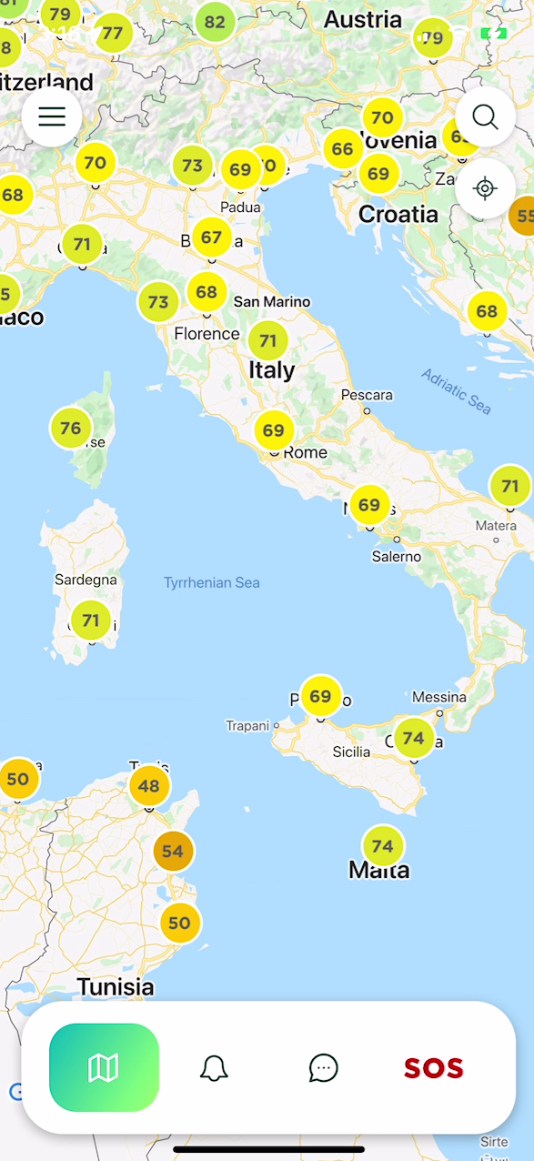 The Safety Map including city Scores and any nearby incidents