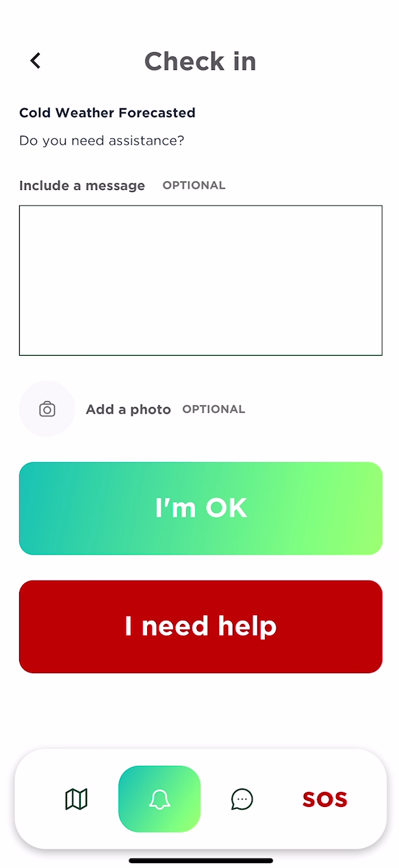 Check in screen with the “I’m Safe” and “I Need Help” options